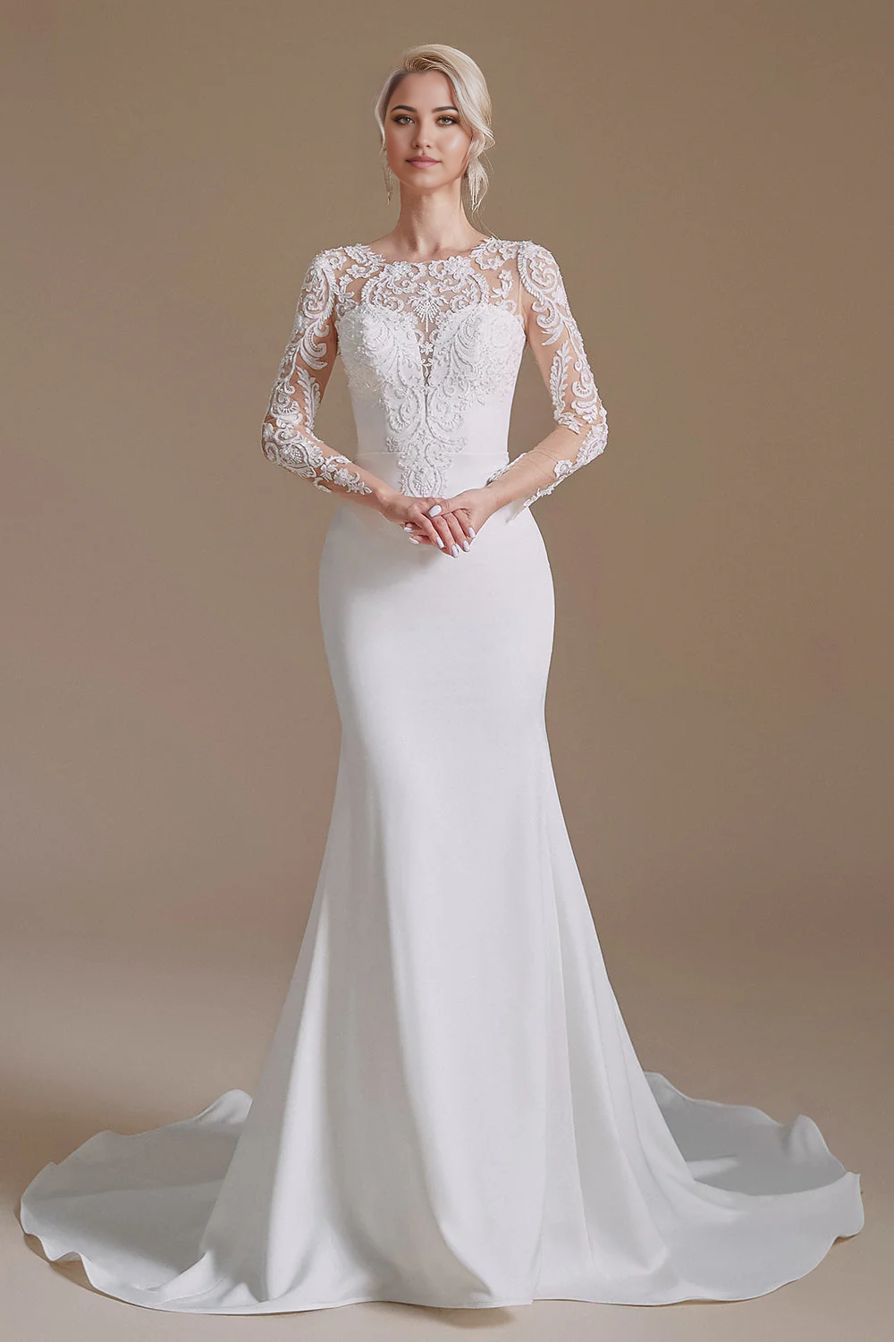 Vestidos de novia de sirena, manga larga, escote redondo, apliques y cola